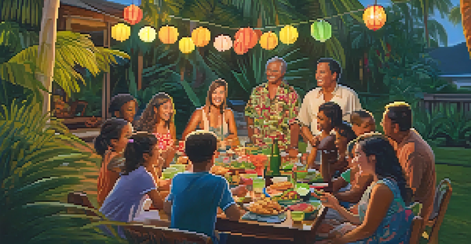 A vibrant family gathering in a Hawaiian backyard with people of different ages enjoying food and music, while a person plays the ukulele under a sunset sky.