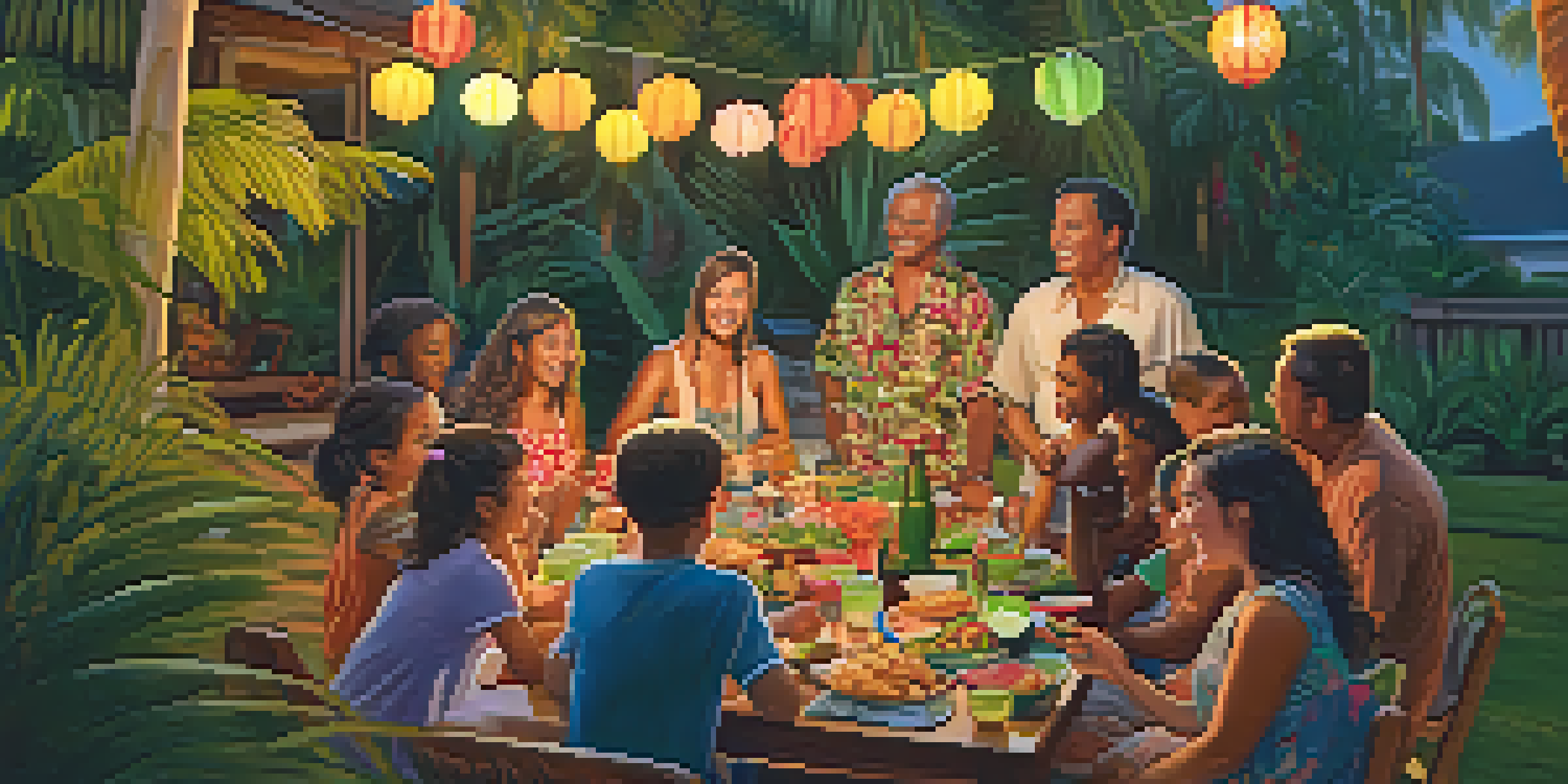 A vibrant family gathering in a Hawaiian backyard with people of different ages enjoying food and music, while a person plays the ukulele under a sunset sky.
