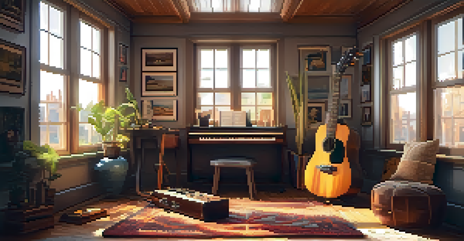 A cozy room showcasing a ukulele and decorated with musician photos, illuminated by sunlight.