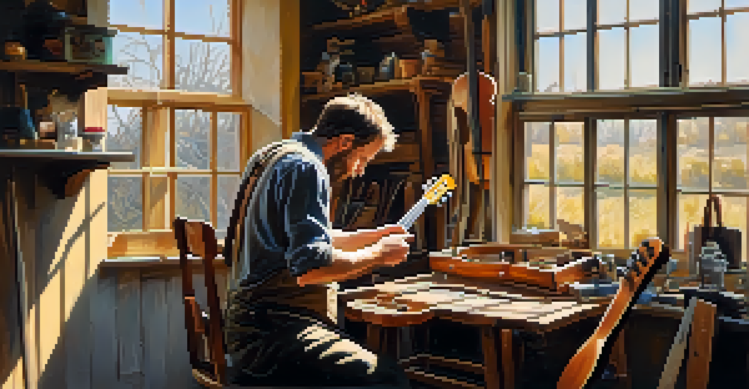 A luthier working in a workshop surrounded by recycled materials, crafting a ukulele with sunlight illuminating the scene.