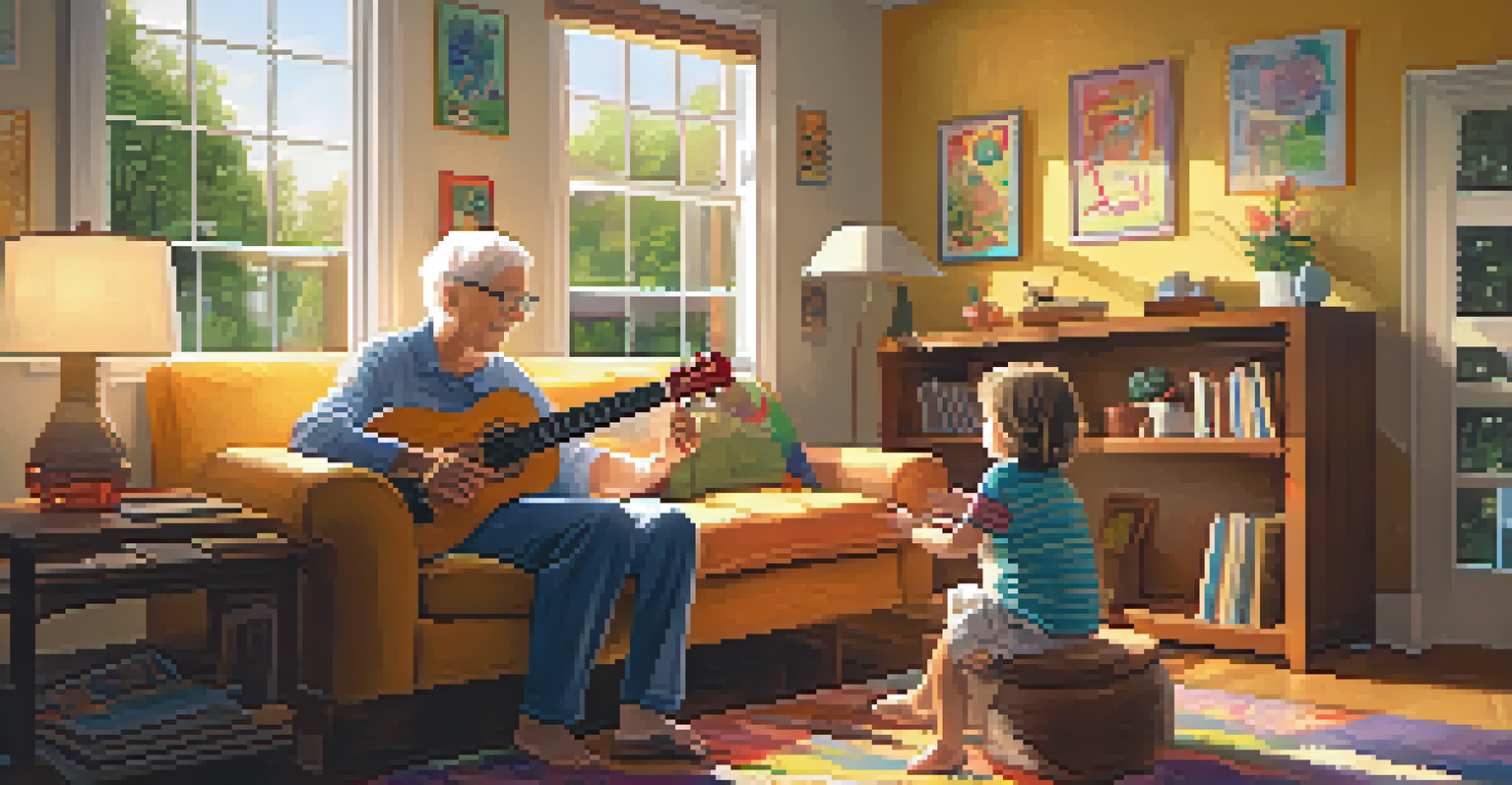 A grandparent and child sitting together in a living room, with the grandparent teaching the child to play the ukulele, surrounded by musical notes and drawings.
