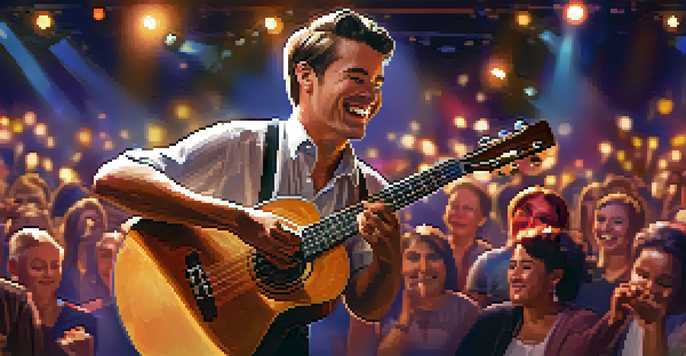 A ukulele performer on stage engaging with the audience, smiling and making eye contact under warm spotlight.