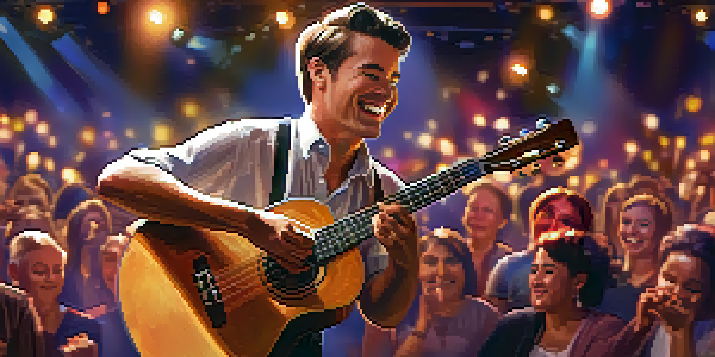 A ukulele performer on stage engaging with the audience, smiling and making eye contact under warm spotlight.