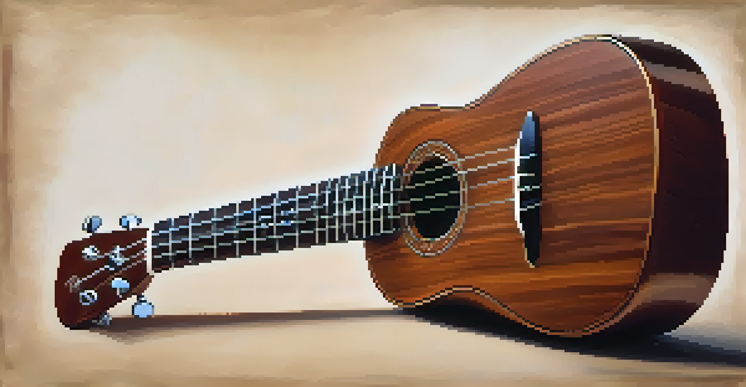 A detailed close-up of a mahogany ukulele highlighting its craftsmanship, strings, and fretboard in soft natural light.