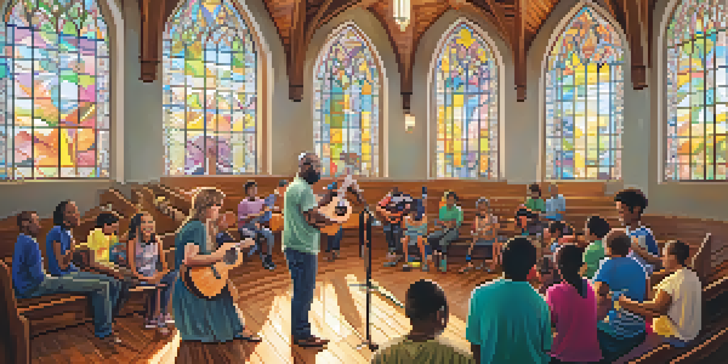 A diverse group of people joyfully playing ukuleles in a brightly lit church with stained glass windows.