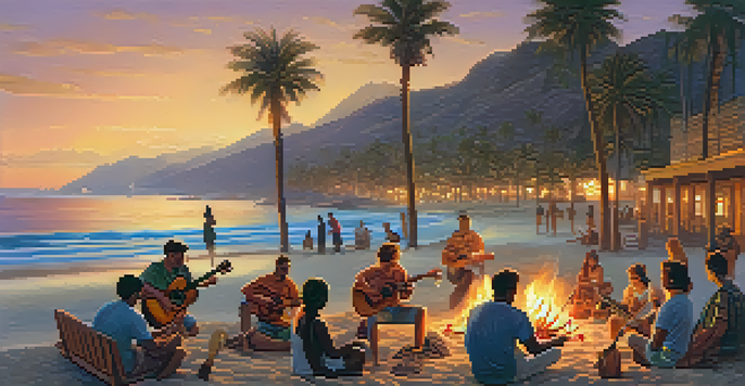 A group of musicians of different backgrounds playing ukuleles by a bonfire on the beach during sunset, with palm trees and ocean waves in the background.