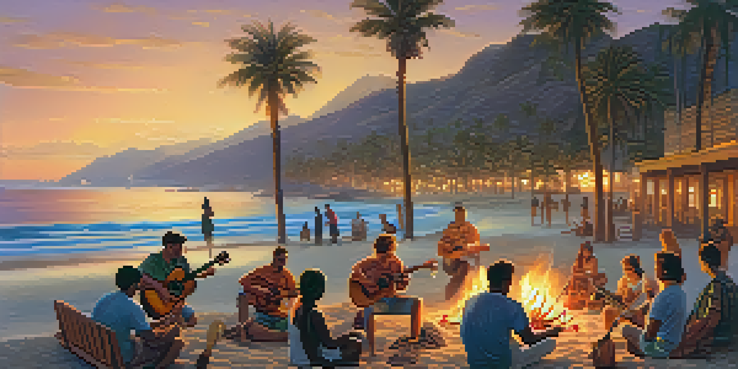 A group of musicians of different backgrounds playing ukuleles by a bonfire on the beach during sunset, with palm trees and ocean waves in the background.