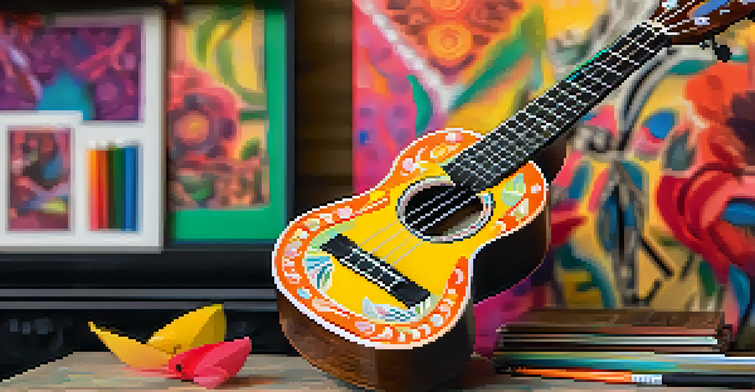 A completed ukulele with unique designs on a music stand, surrounded by art supplies and a blurred background.