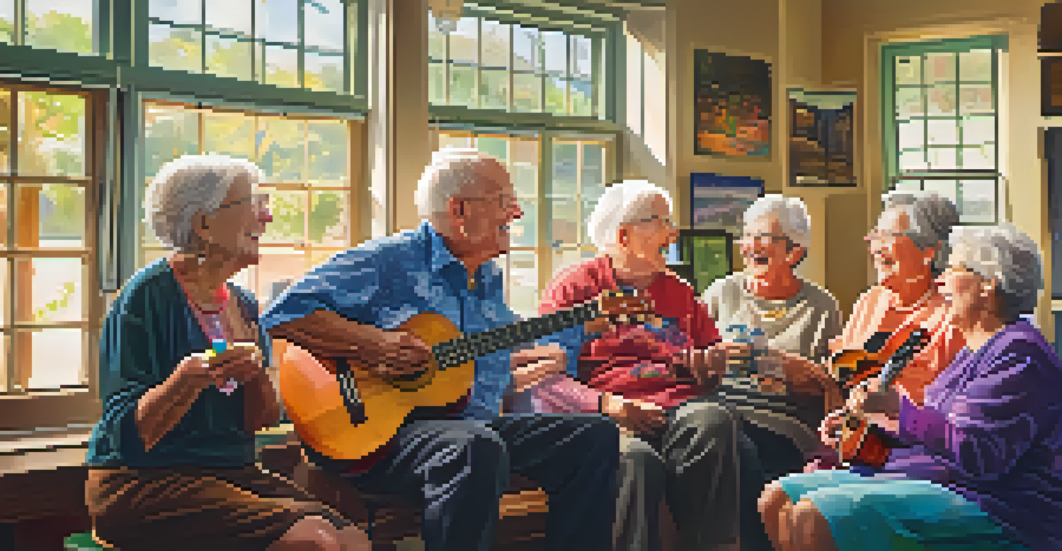 A group of seniors in a community center enjoying a ukulele lesson together, surrounded by colorful artwork.