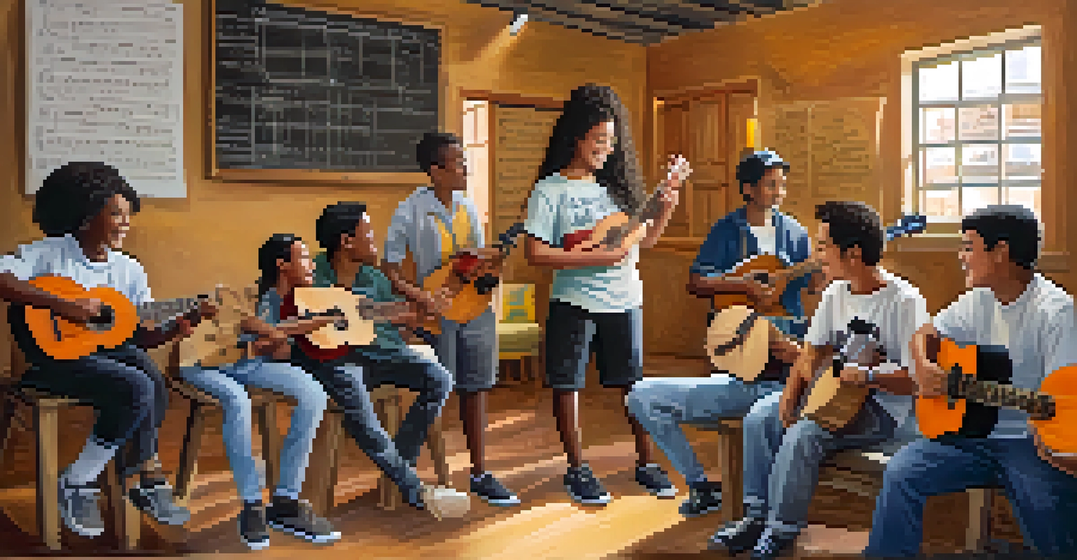 Aldrine Guerrero leading a ukulele workshop with young musicians, showcasing engagement and collaboration.
