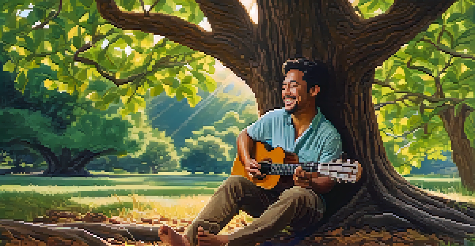 A musician playing a koa ukulele outdoors under a tree, with sunlight and greenery around.