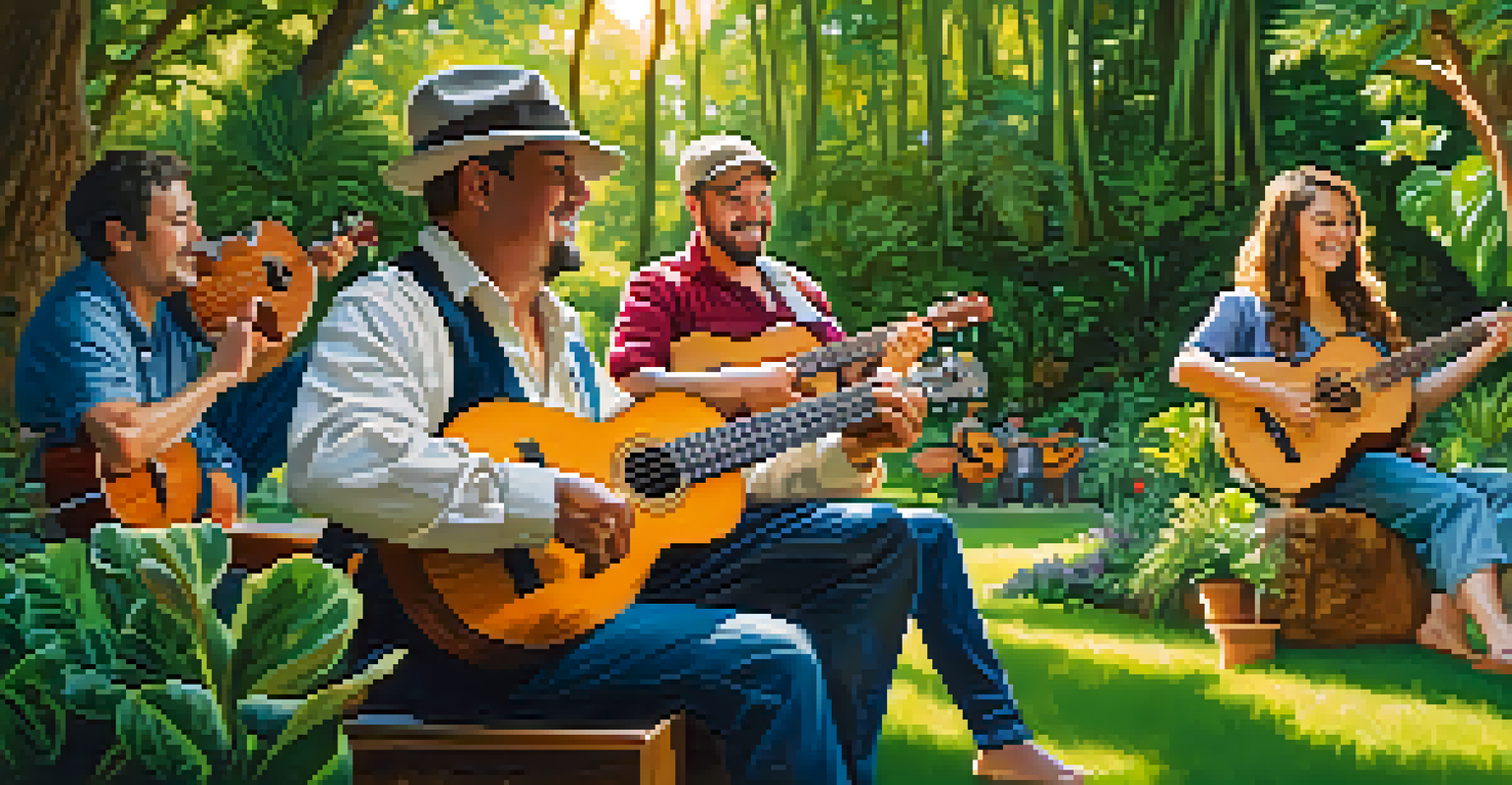 Musicians joyfully playing eco-friendly ukuleles in a beautiful garden, surrounded by lush greenery and sunlight.