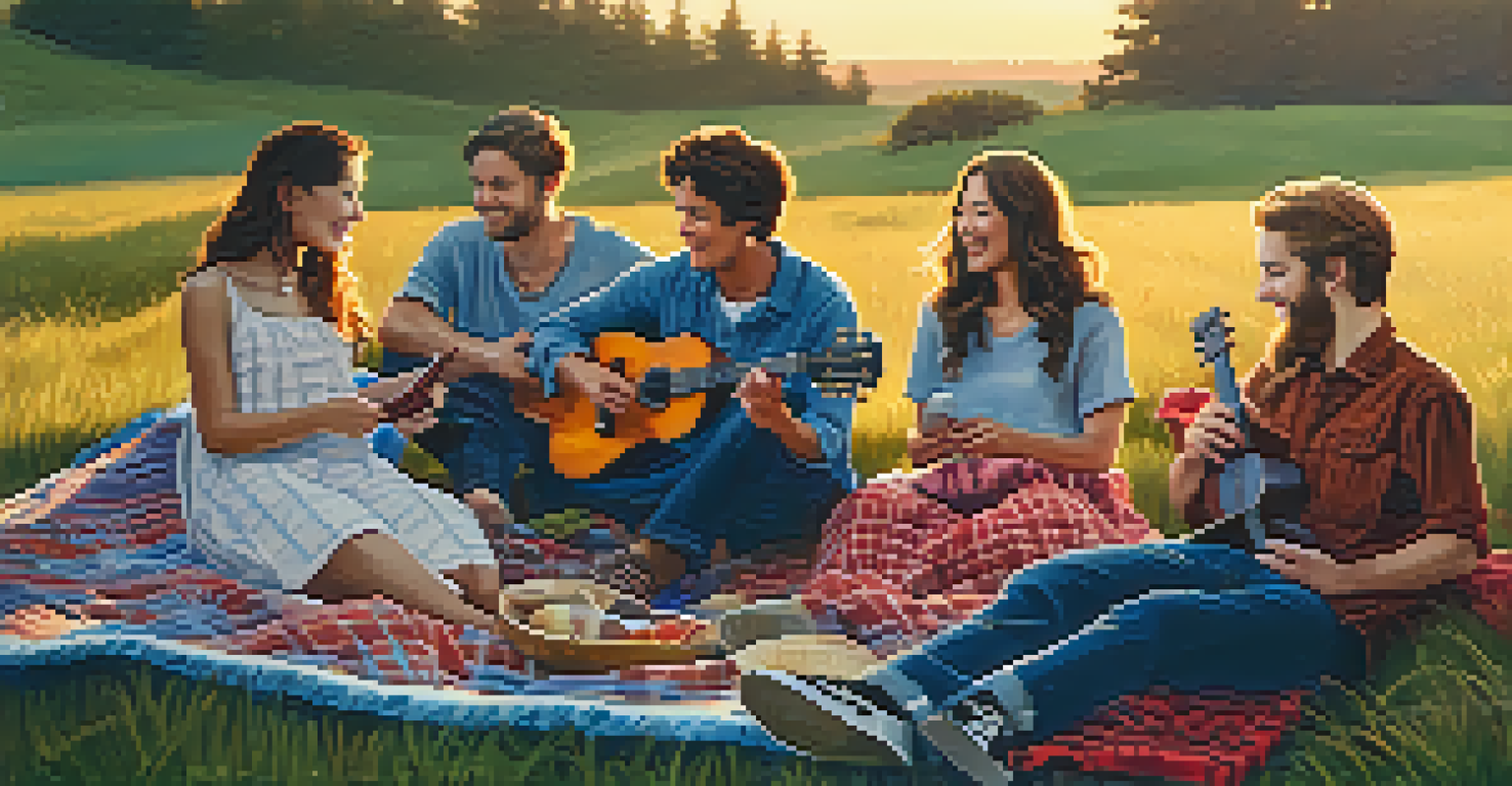 A group of friends playing ukuleles on a grassy hill during sunset, with picnic items around them.