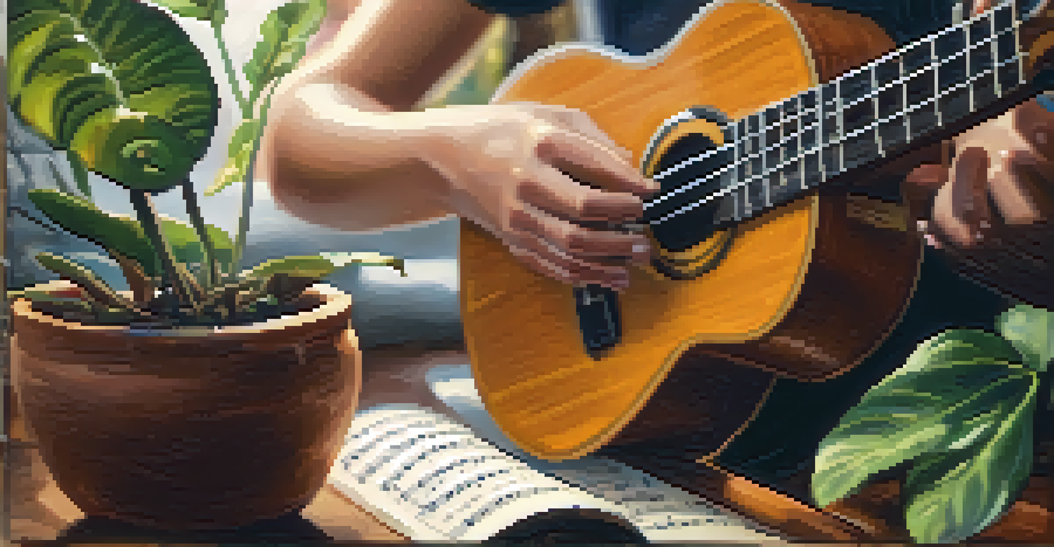 Close-up of hands playing a ukulele with floating music notes in a cozy indoor environment.