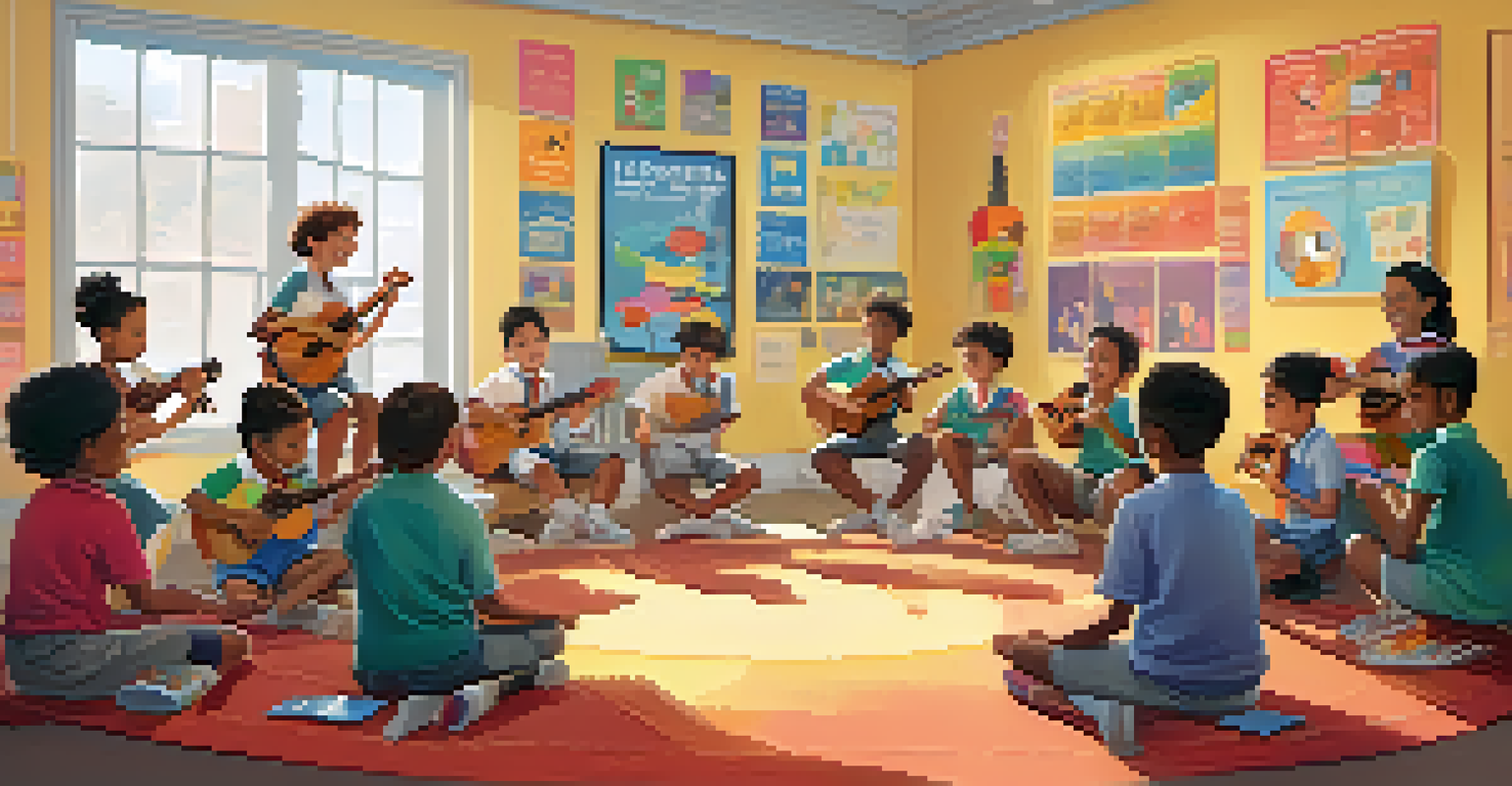 Children in a classroom sitting in a circle with ukuleles, engaged in a lesson with a cheerful teacher demonstrating chords.