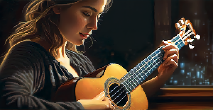 A close-up of a ukulele player producing harmonics by touching the strings at the 5th fret, with a warm light highlighting the wooden instrument and the player's focused expression.