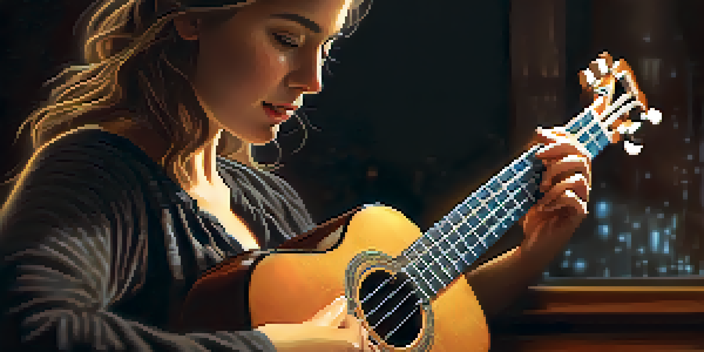 A close-up of a ukulele player producing harmonics by touching the strings at the 5th fret, with a warm light highlighting the wooden instrument and the player's focused expression.