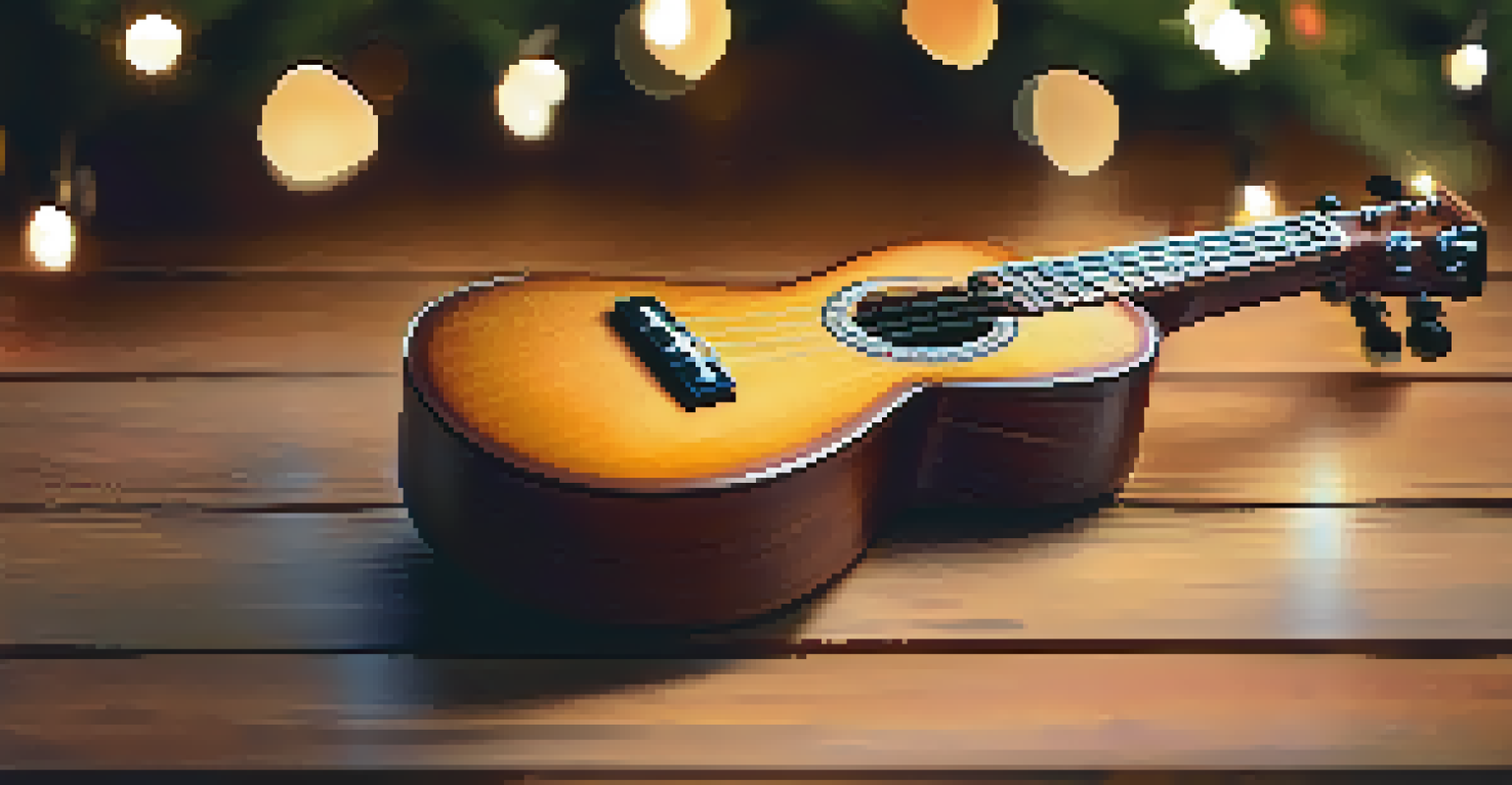Close-up of a ukulele being played with fingers on the frets, with a blurred warm background.