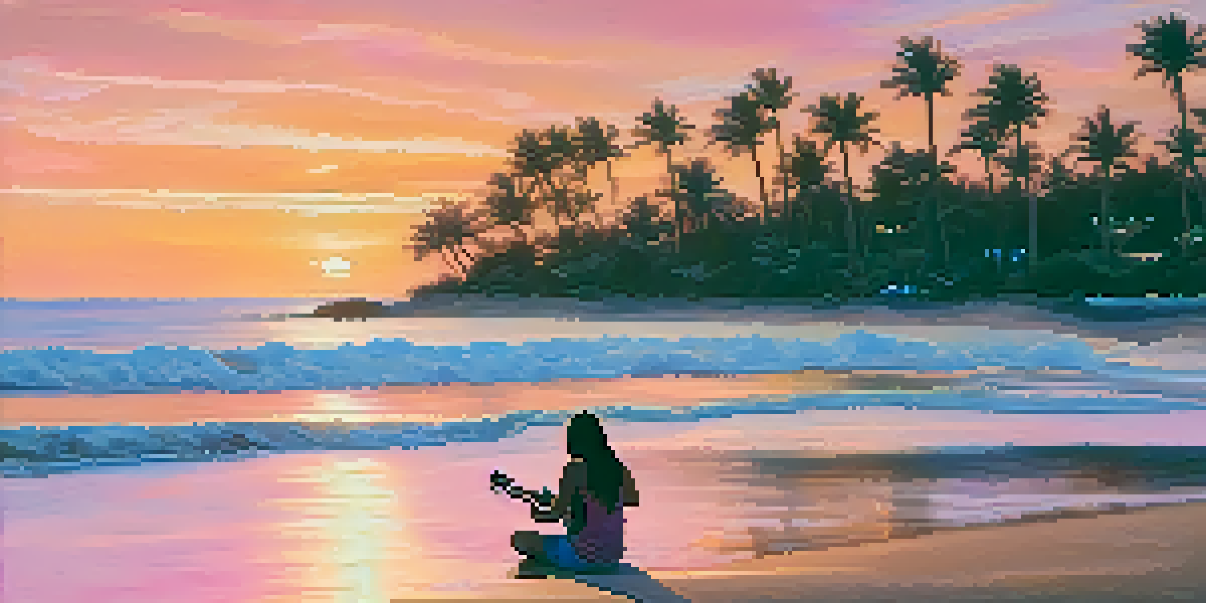 A person playing a ukulele on the beach during sunset, with colorful skies and gentle waves.