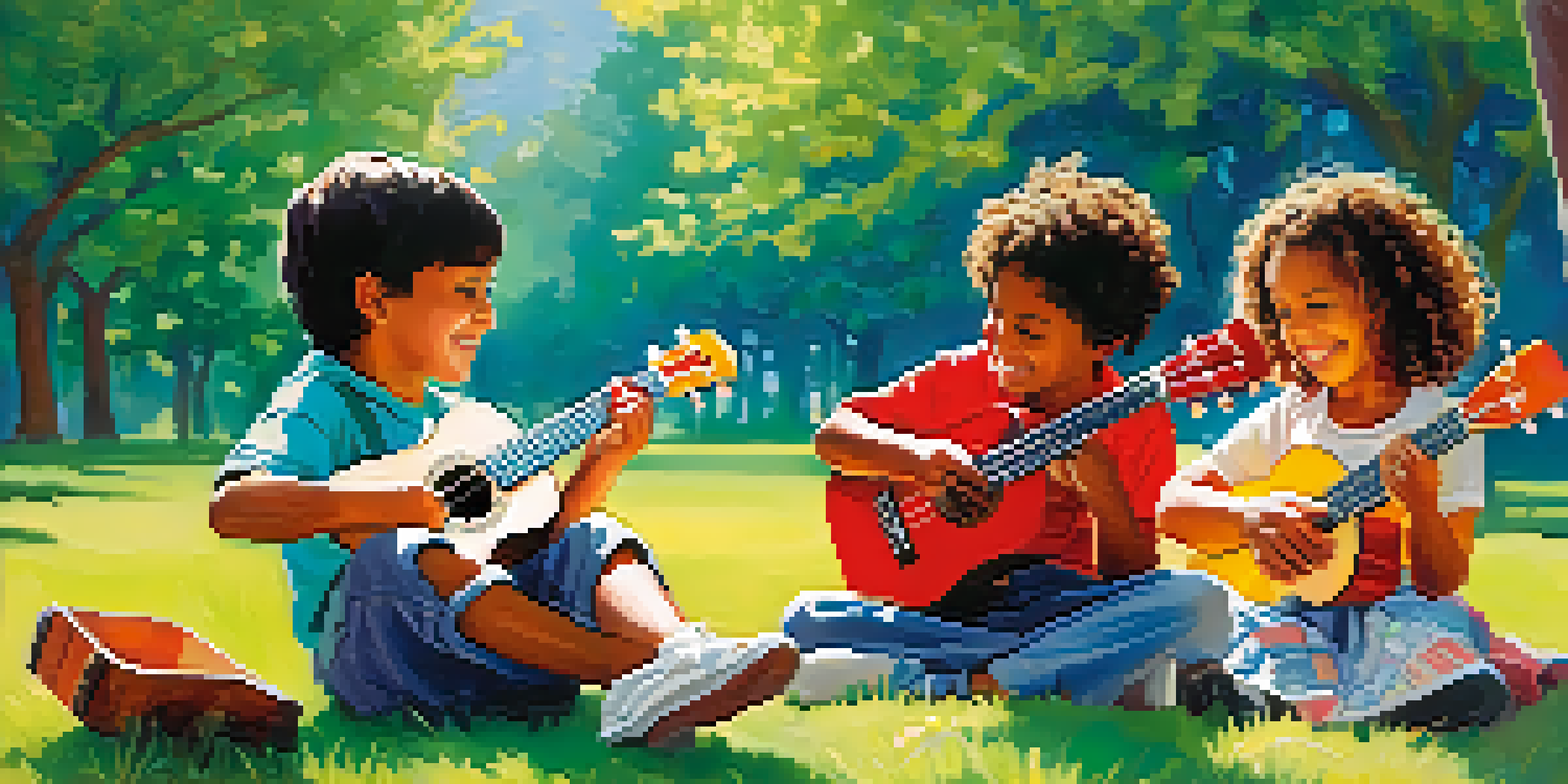 A diverse group of children happily playing ukuleles in a sunny outdoor setting, surrounded by trees and grass.