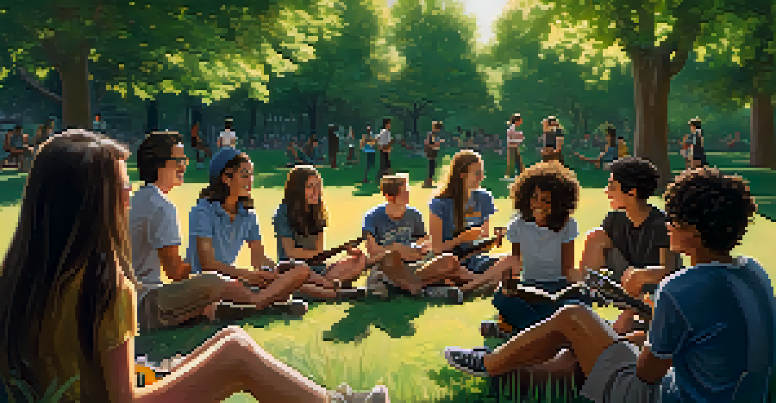 A diverse group of teenagers sitting in a circle in a park, playing ukuleles and enjoying a sunny day.