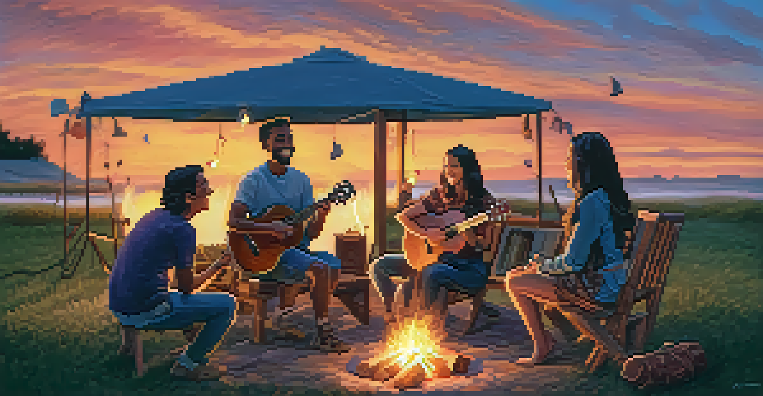 A group of friends sitting around a campfire at sunset, with one person playing a ukulele.