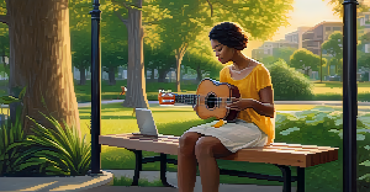 A person sitting on a park bench with a ukulele and notebook, surrounded by greenery during sunset.
