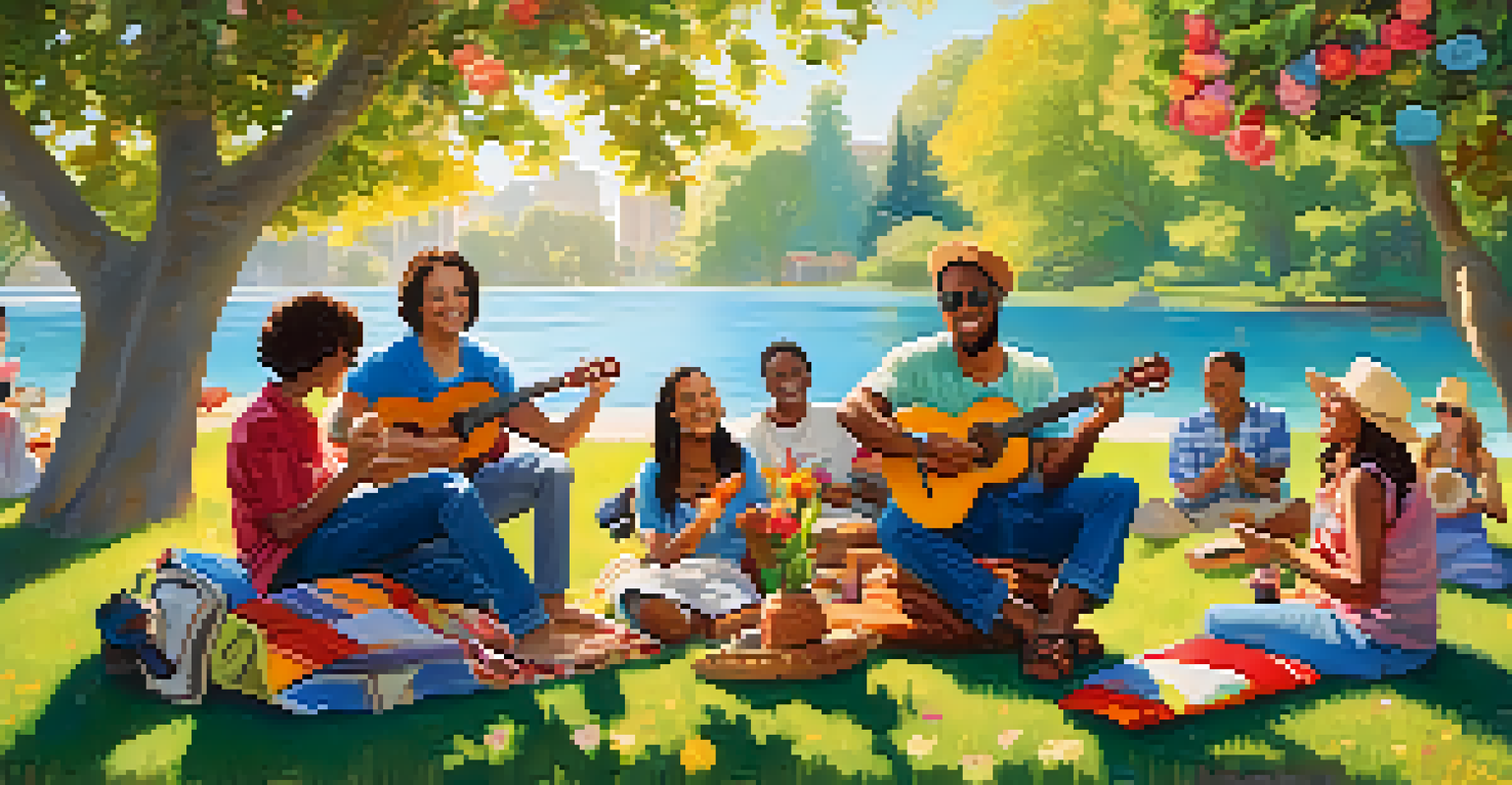 A diverse group of people playing ukuleles in a park, surrounded by colorful blankets and blooming flowers, smiling under a bright blue sky.