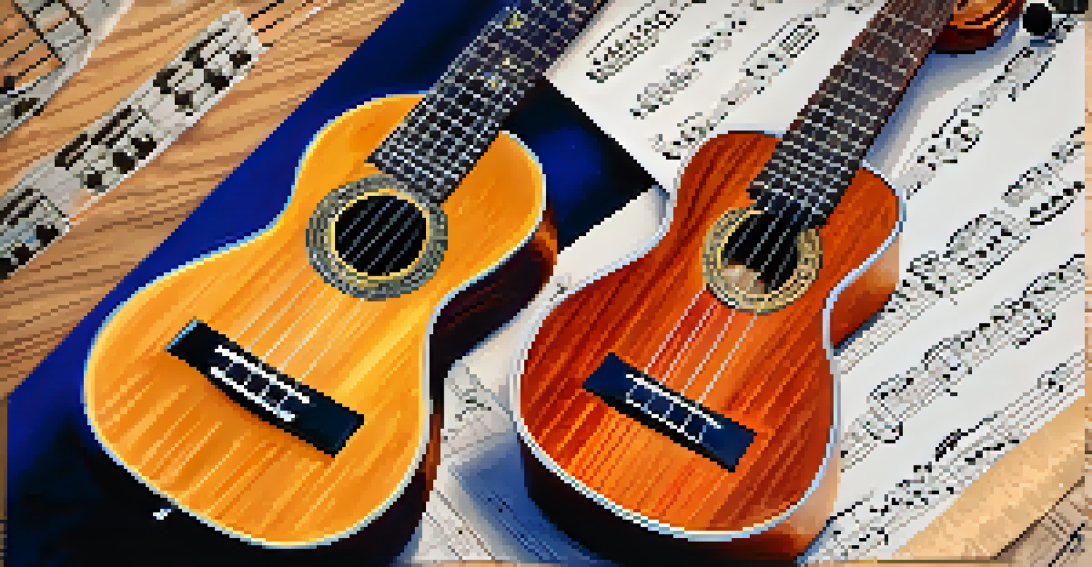 A close-up of two ukuleles positioned side by side, with one being played, surrounded by sheet music and soft lighting.