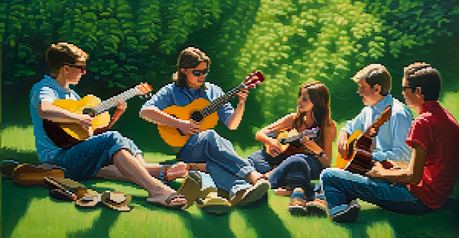 A group of ukulele players outdoors, practicing minor scales in a circle with green surroundings and sunlight filtering through the trees.