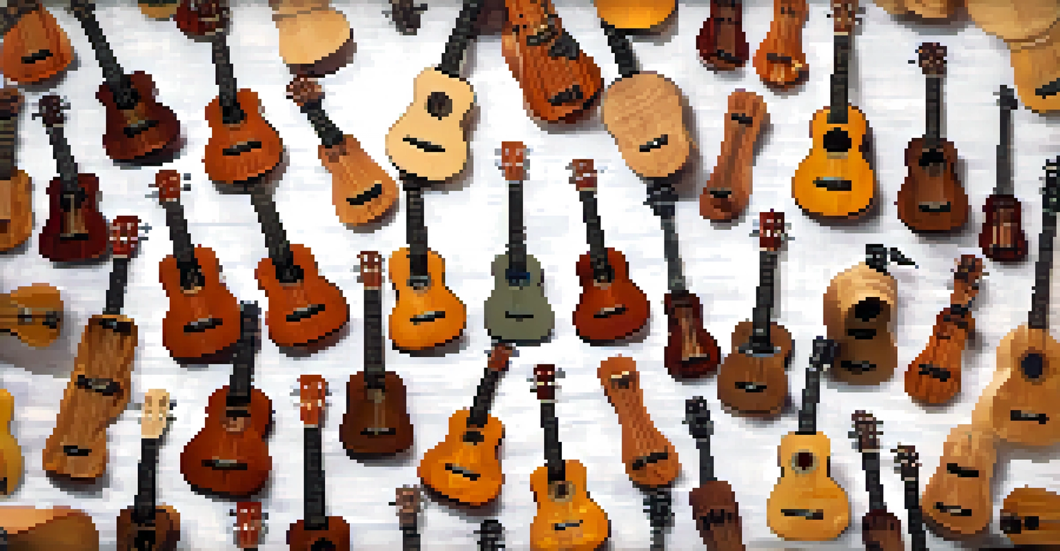 A flat lay of different ukulele sizes on textured fabric with accessories.