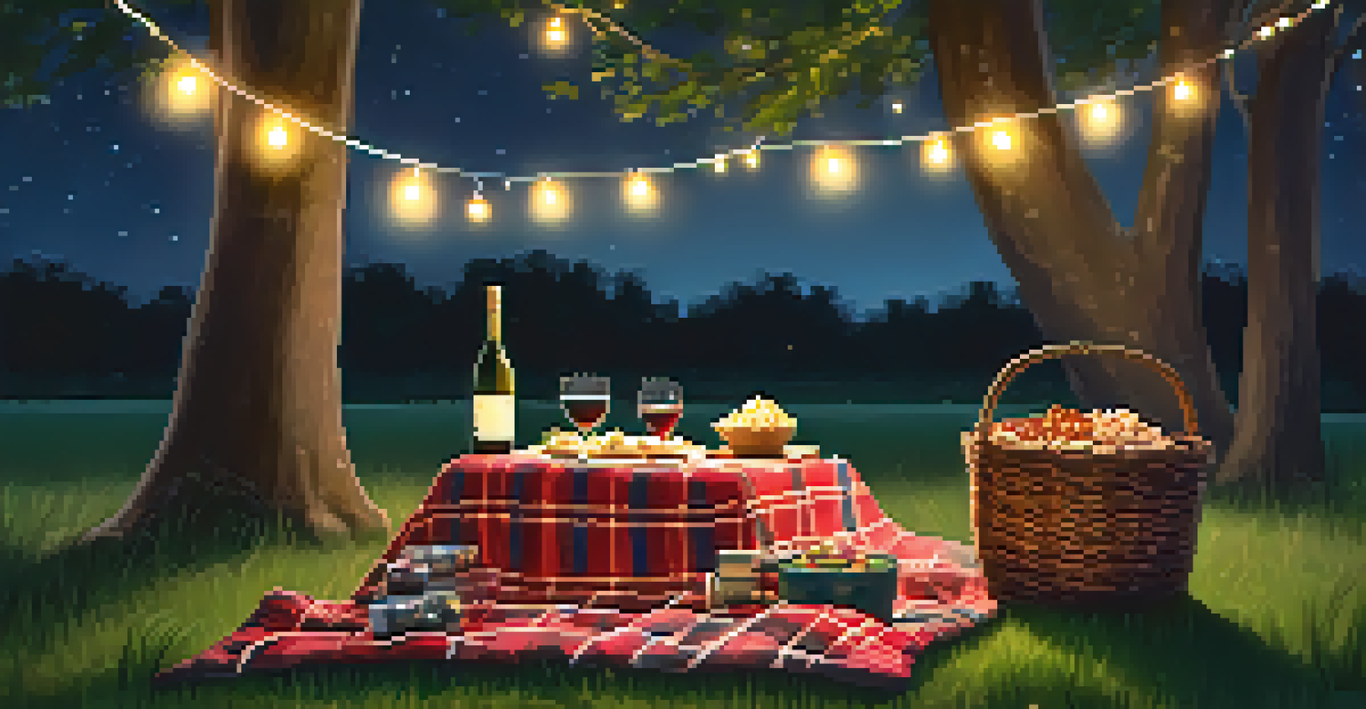 A picnic setup under a starry sky with a ukulele, snacks, and fairy lights, creating a romantic atmosphere.