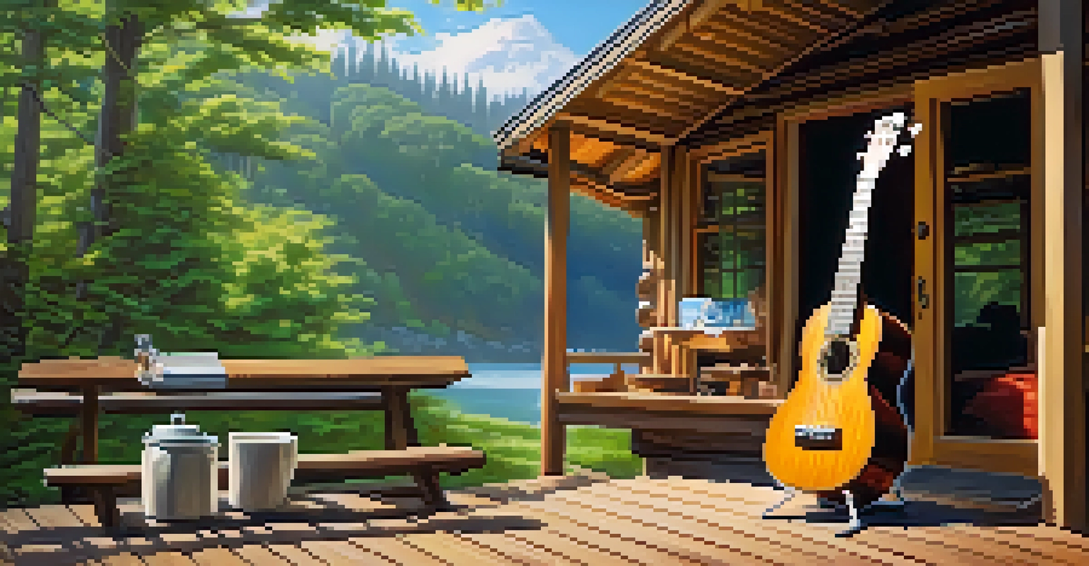 A concert ukulele against a wooden cabin in a forest, with a cup of coffee beside it.