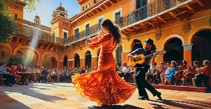 A flamenco dancer in a colorful dress dances on stage with musicians playing a ukulele and guitar in the background.