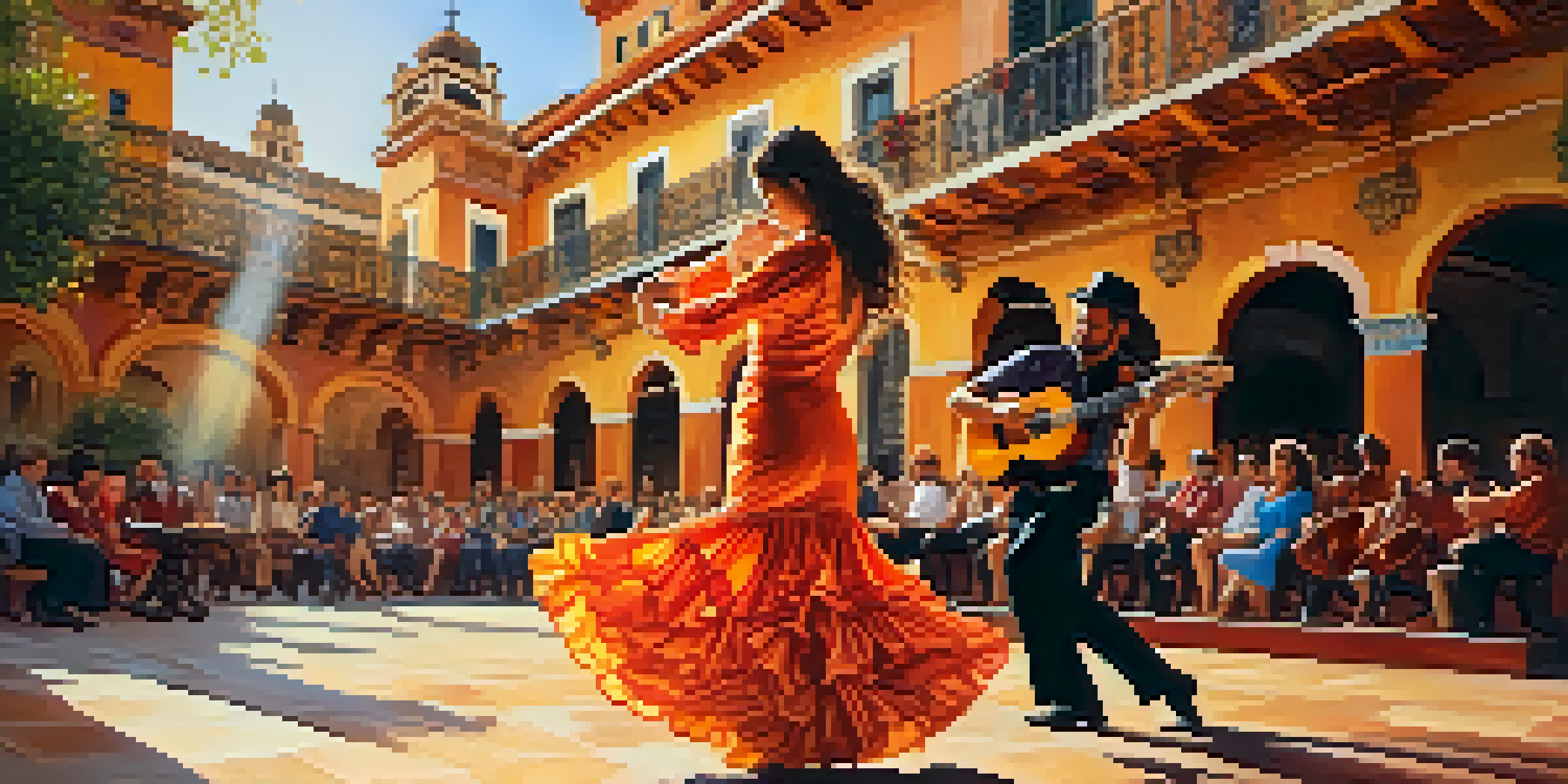 A flamenco dancer in a colorful dress dances on stage with musicians playing a ukulele and guitar in the background.