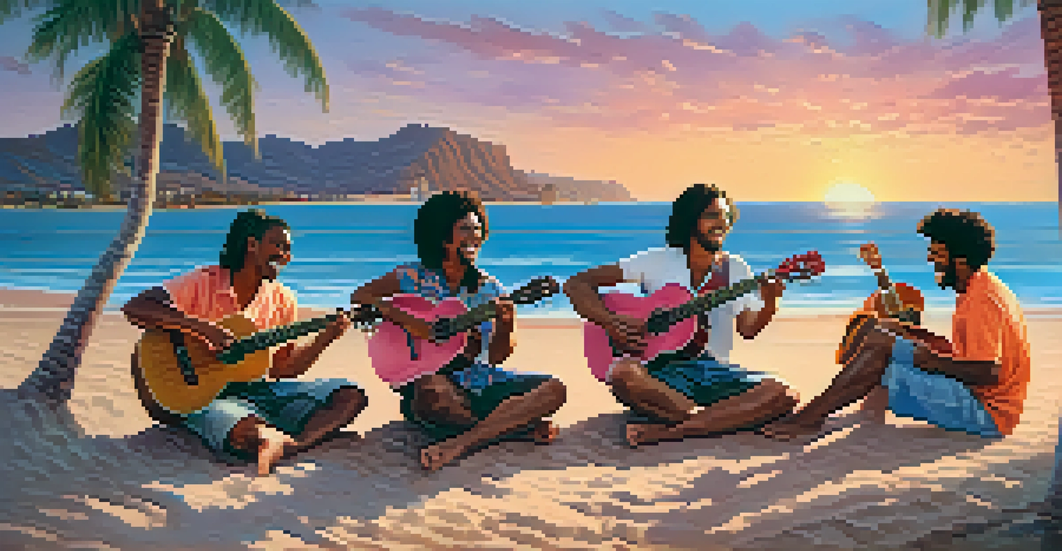 A group of diverse musicians playing ukuleles on a beach during sunset, with palm trees in the background.