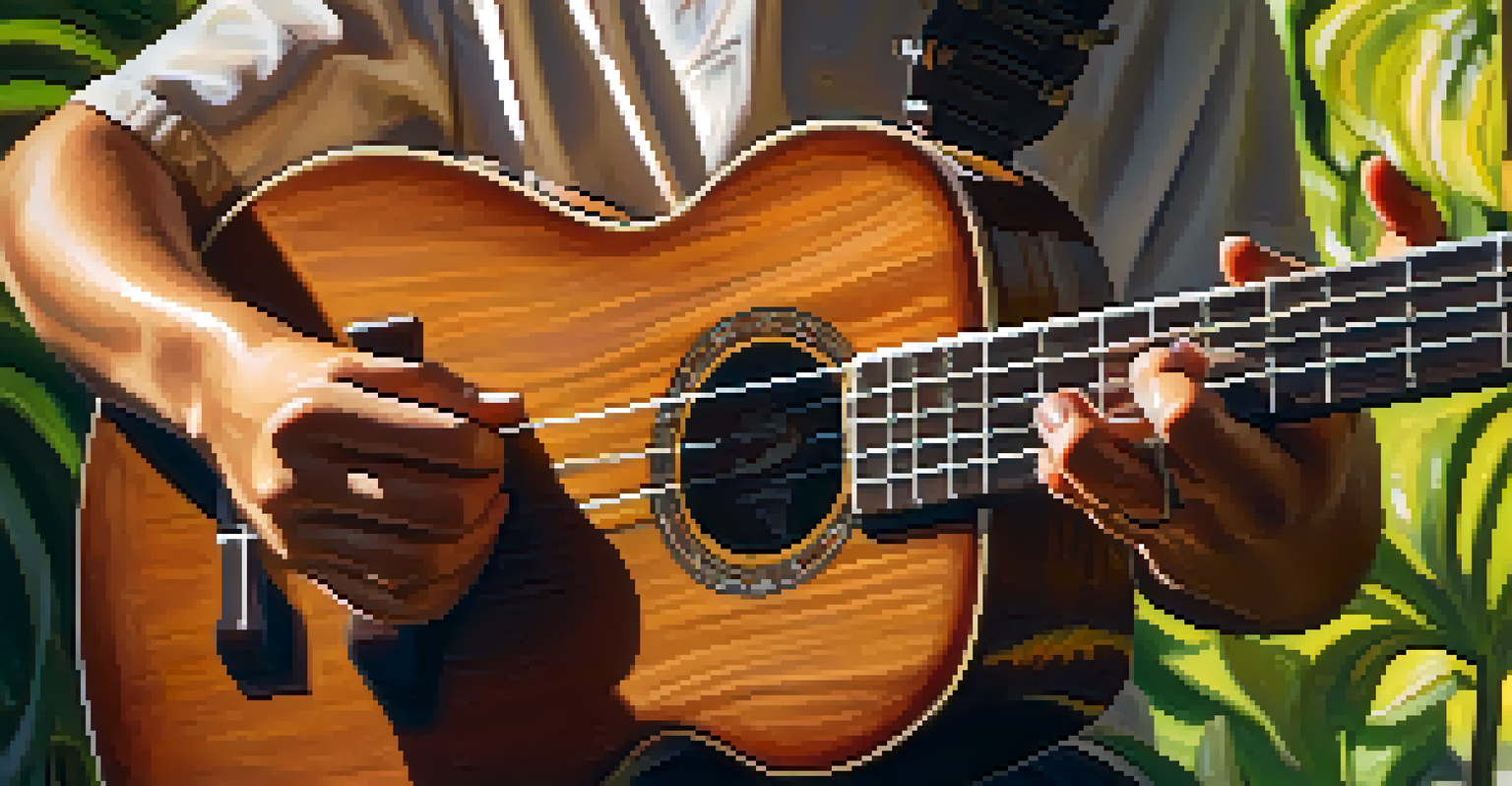 Close-up of hands playing a ukulele in a serene outdoor setting with soft green foliage in the background.