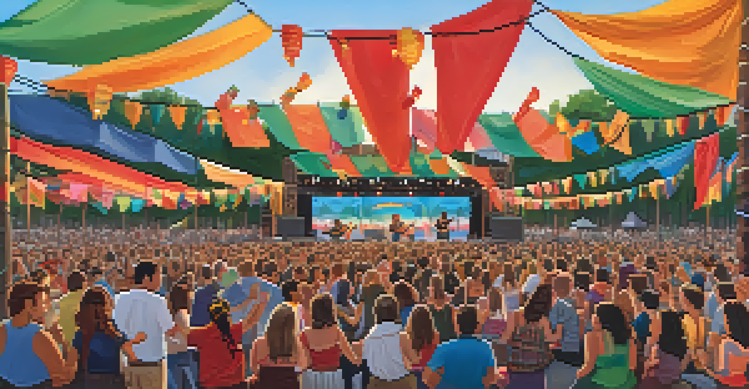 A lively outdoor music festival with musicians blending ukulele and flamenco, and an engaged audience dancing.