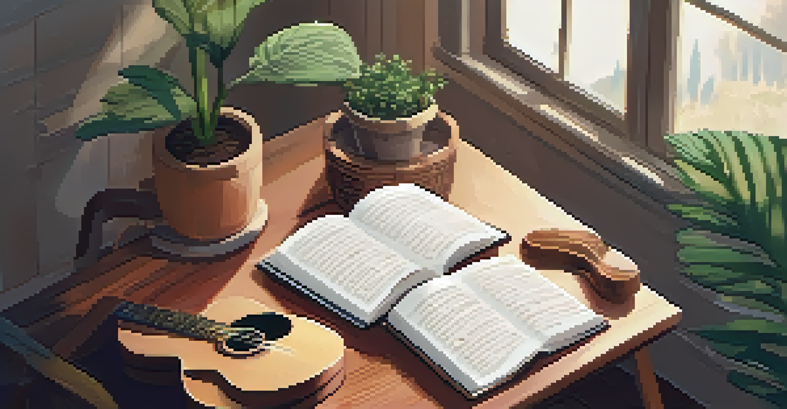 A cozy practice space with a ukulele, notebook, and a cup of tea.