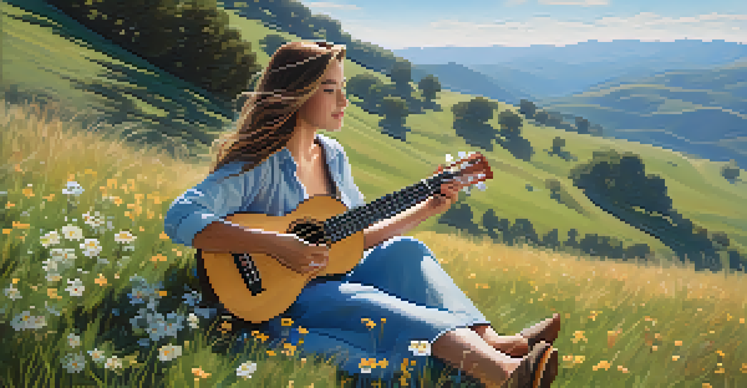 A person playing a ukulele on a grassy hill under a clear blue sky, with rolling hills and wildflowers in the background.