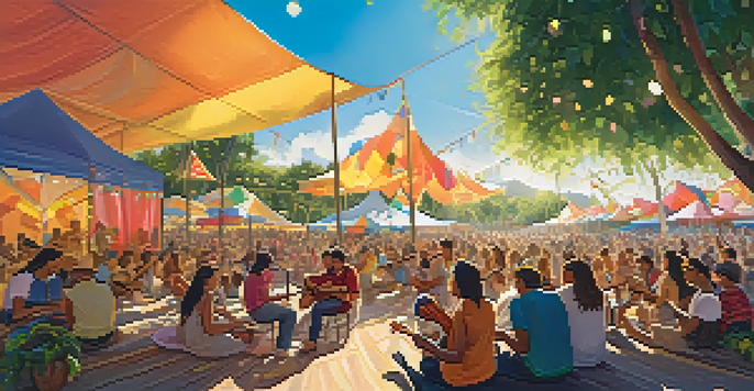 A lively outdoor ukulele festival featuring musicians of various backgrounds playing together in a green park, with colorful tents and warm sunlight.