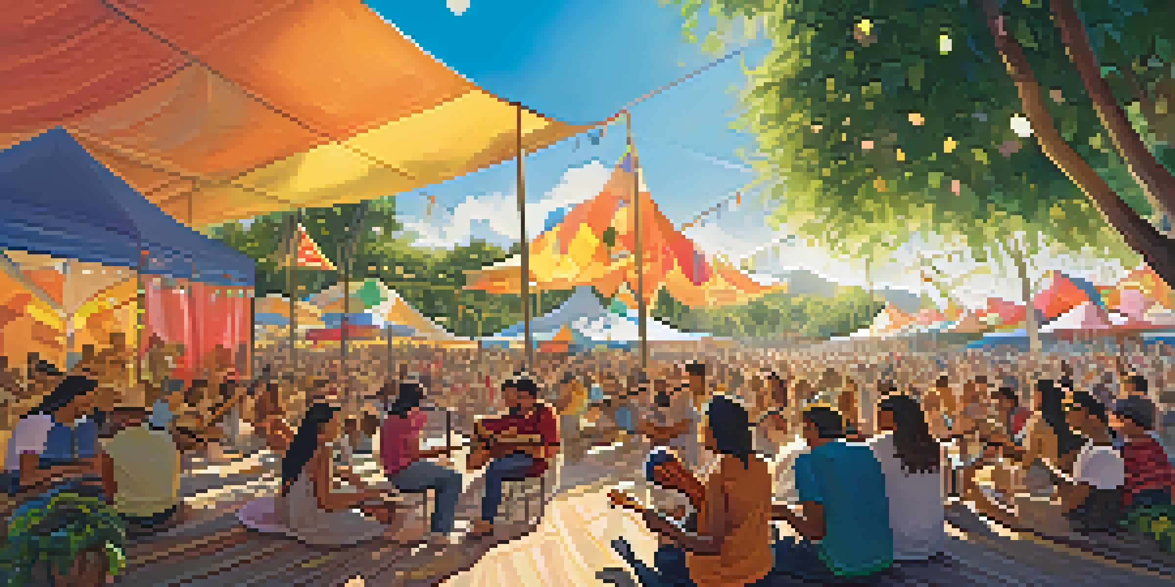 A lively outdoor ukulele festival featuring musicians of various backgrounds playing together in a green park, with colorful tents and warm sunlight.