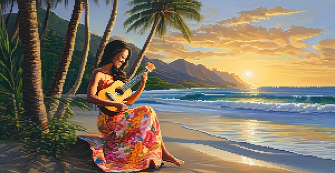 A young woman playing a ukulele on a beach with palm trees and waves, wearing a floral dress, during sunset.