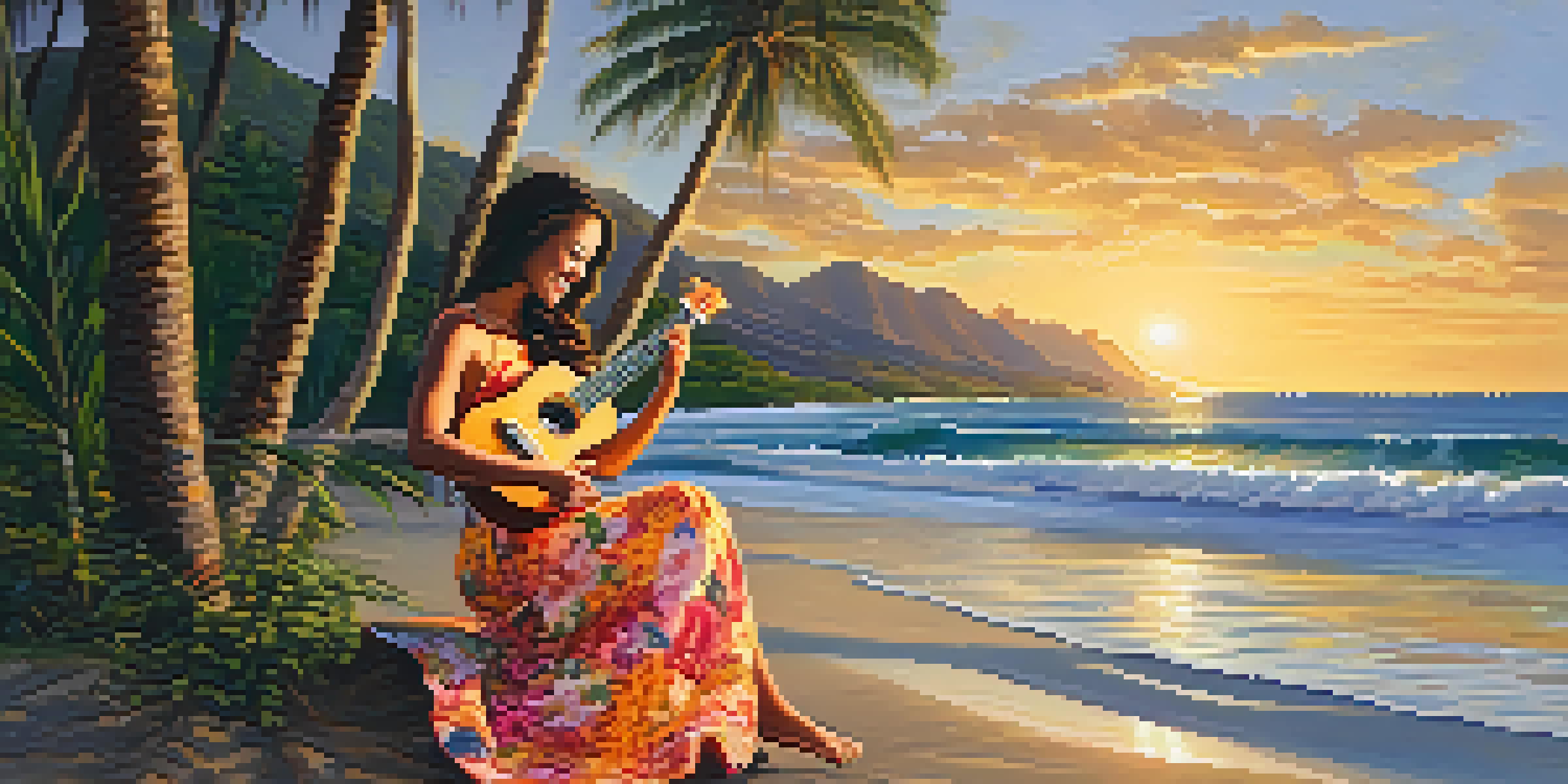 A young woman playing a ukulele on a beach with palm trees and waves, wearing a floral dress, during sunset.