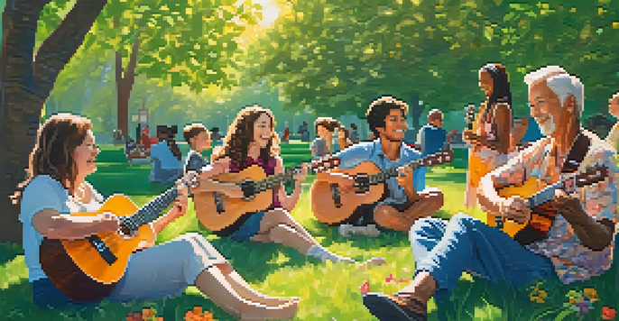 A group of diverse people playing ukuleles in a sunny park, surrounded by flowers and greenery, showcasing joy and community.