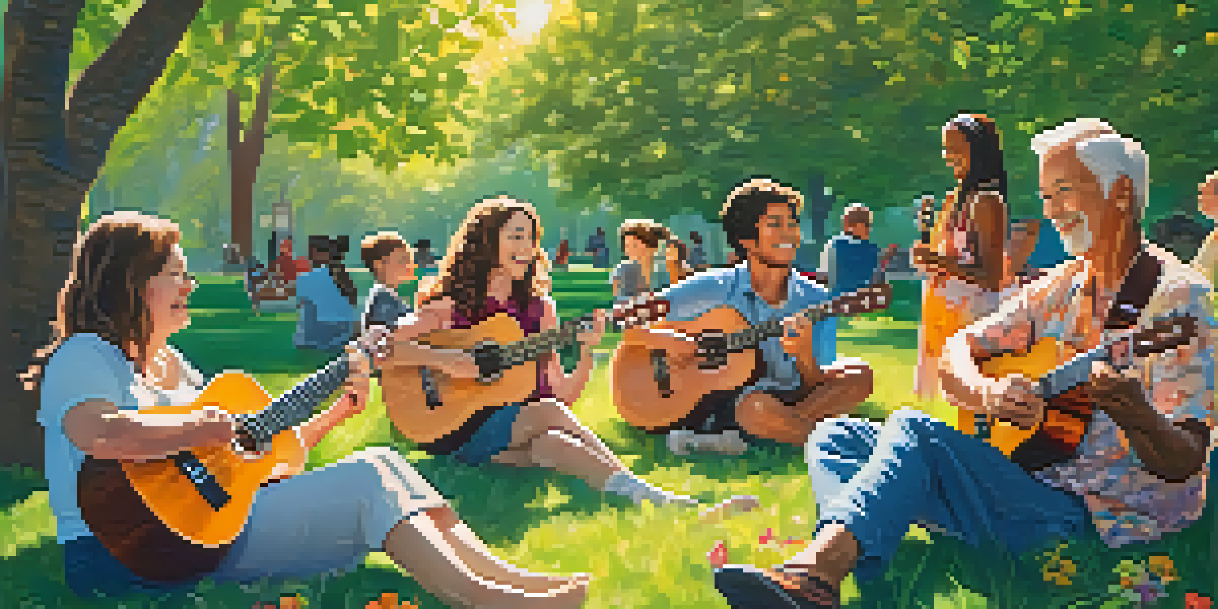 A group of diverse people playing ukuleles in a sunny park, surrounded by flowers and greenery, showcasing joy and community.