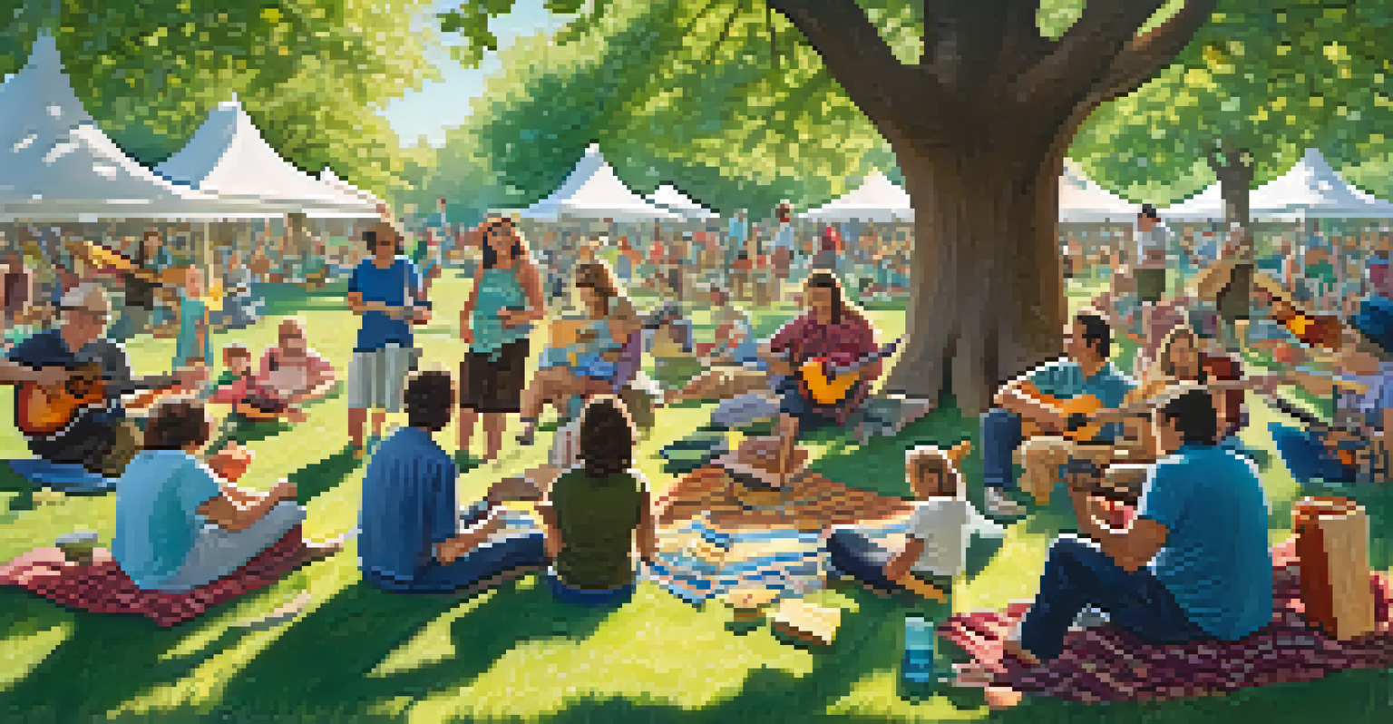 A diverse group of people playing ukuleles together in a park, enjoying music and each other's company.