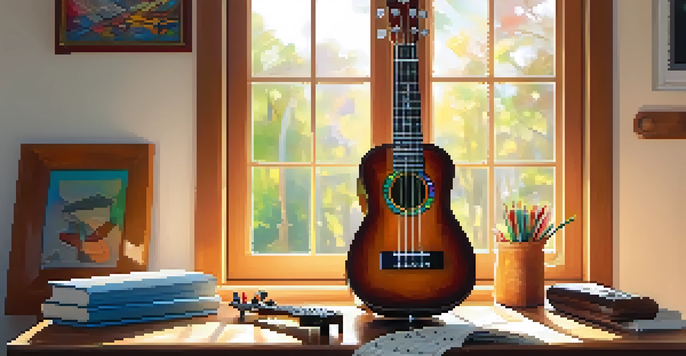 A ukulele on a wooden table with music sheets and a clip-on tuner, illuminated by warm sunlight.