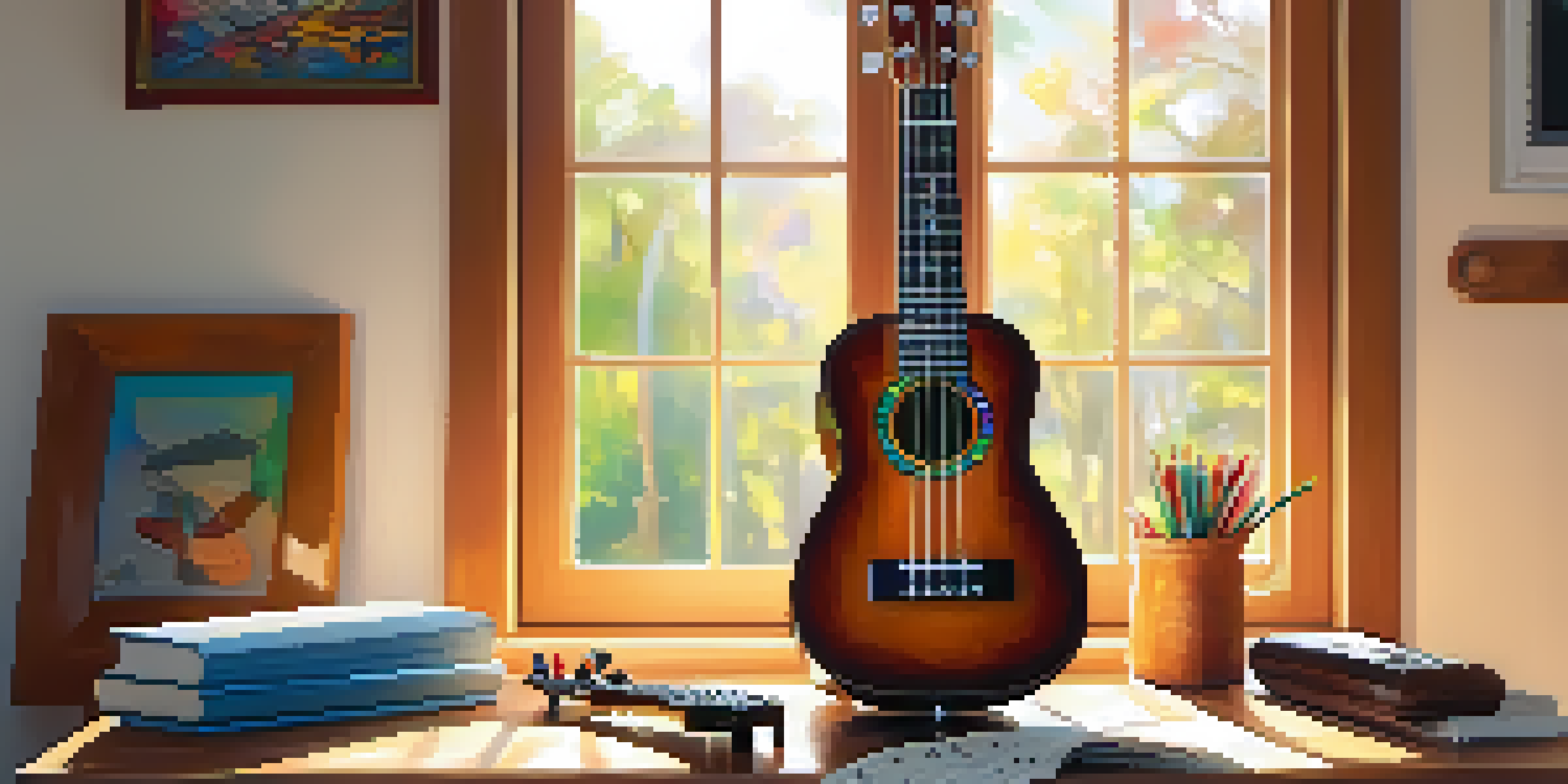 A ukulele on a wooden table with music sheets and a clip-on tuner, illuminated by warm sunlight.
