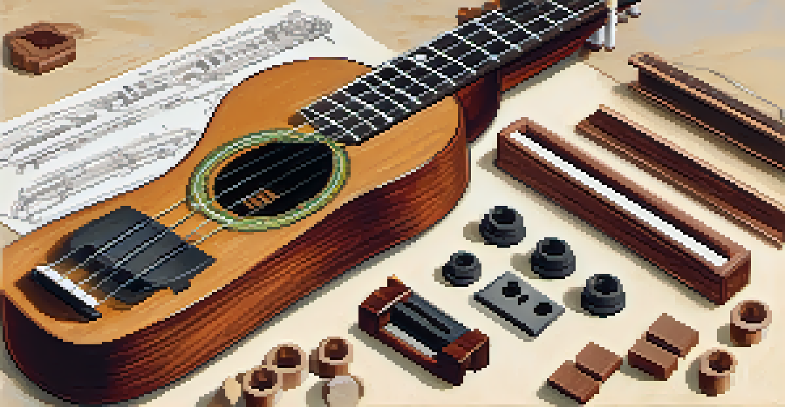 Educational display of ukulele bridge components on a neutral background, clearly labeled.